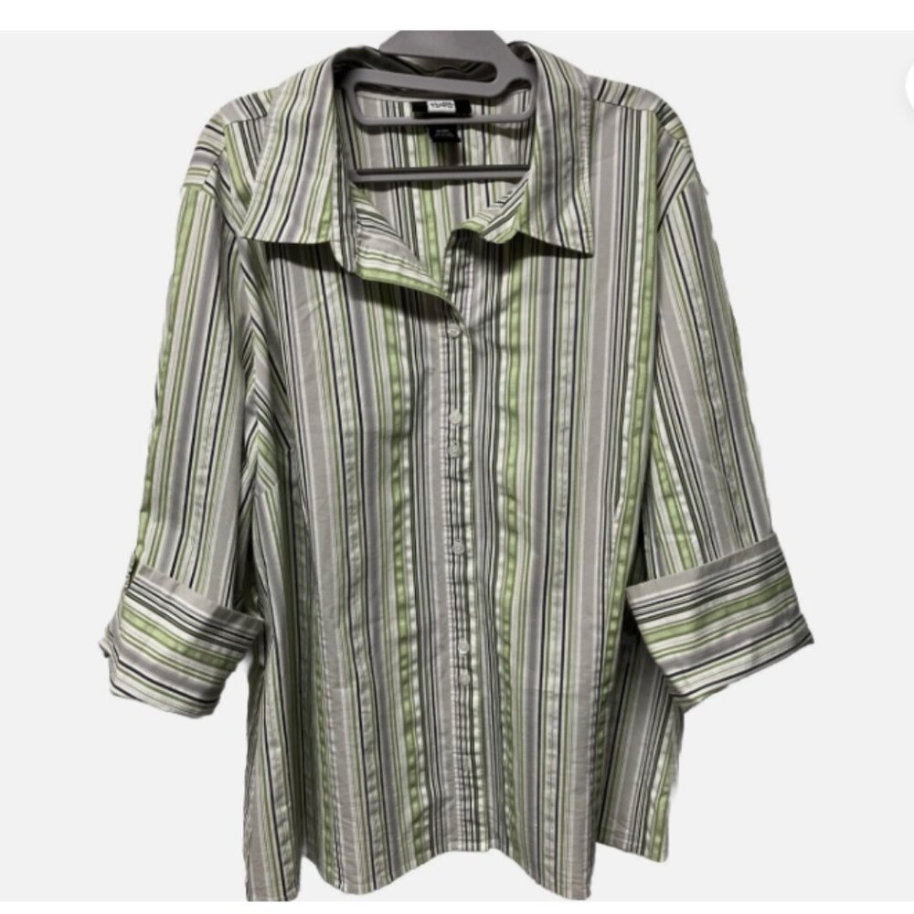 Studio 1940 Plus 26/28W Green Striped Button Shirt Women’s 3/4 Sleeve Top - Picture 2 of 7